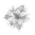 thumbnail image 1 of Flor de Pascua artificial blanca elegante, flores de tela duradera y plástico con purpurina para adornos de fiesta de bodas con diseño de múltiples capas, 1 of 5