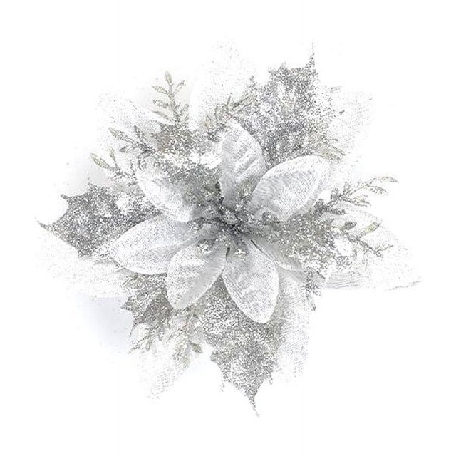 Flor de Pascua artificial blanca elegante, flores de tela duradera y plástico con purpurina para adornos de fiesta de bodas con diseño de múltiples capas