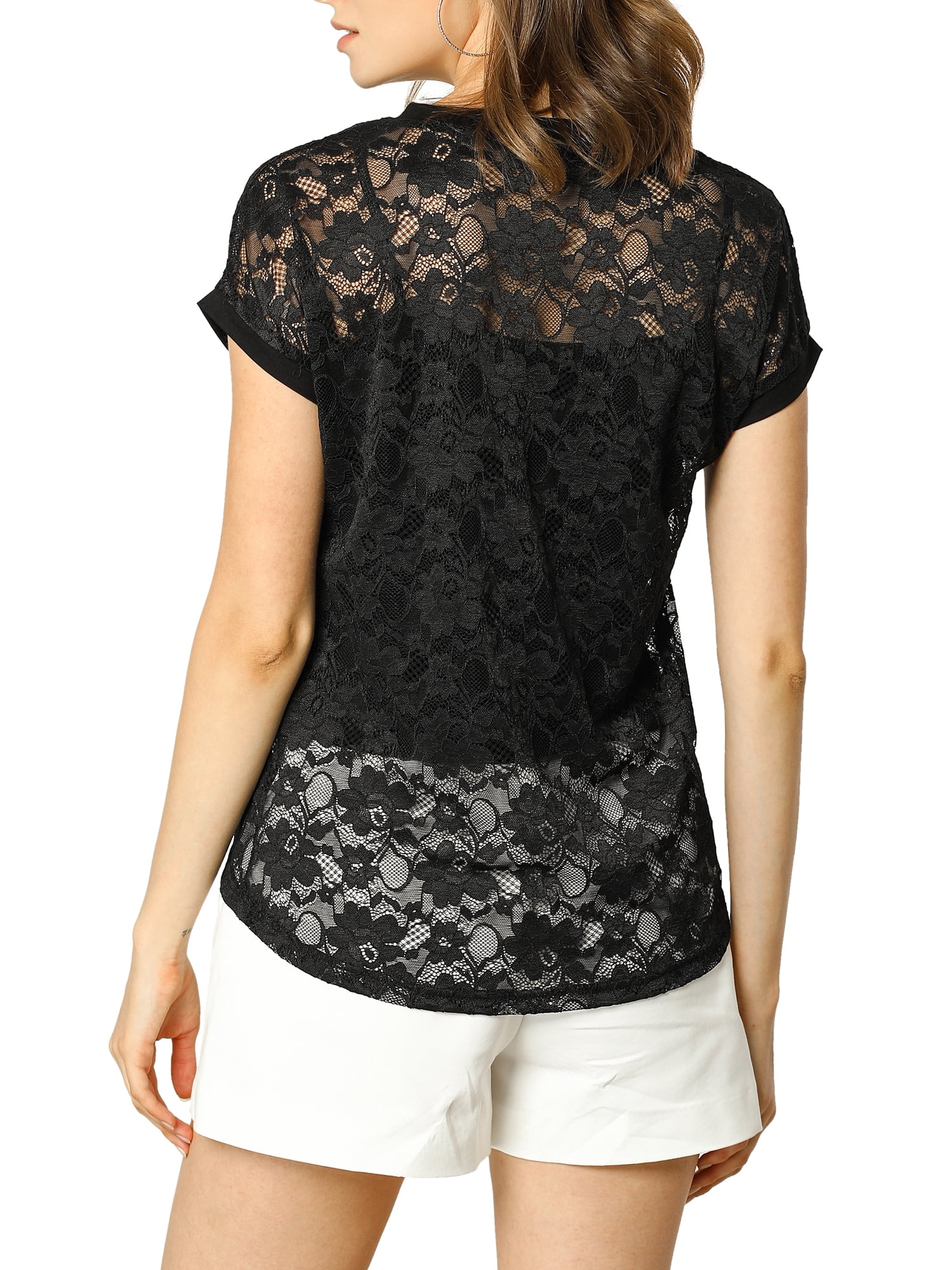 Unique Bargains Junior's Curved Hem Sheer Short Sleeves Floral Lace Blouse