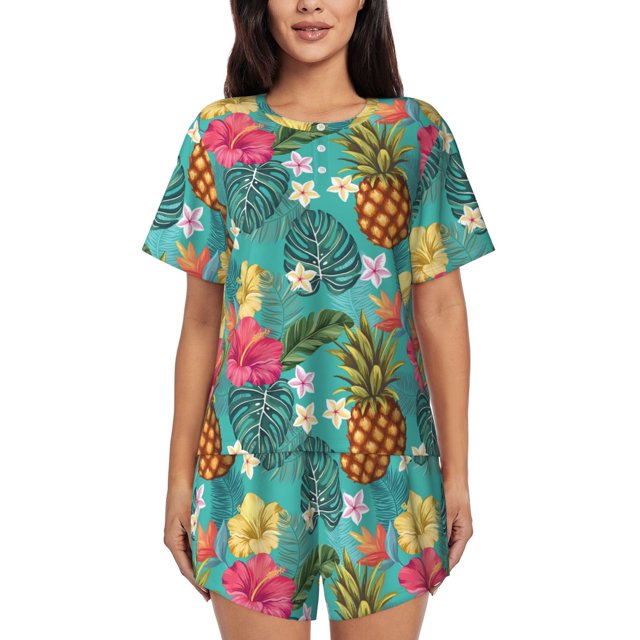 Xecao Pineapple Pattern Women's Short Sleeve Pajama Set Soft Sleepwear Lounge Set with Button Front Top and Drawstring Shorts with Pockets-Medium