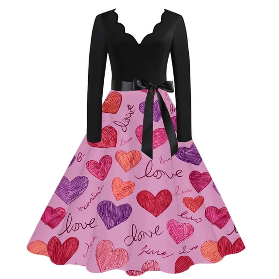 Valentines Dress for Women with Heart Print and Script Pattern A-line Flared Long Sleeve V-Neck Dress Black 5XL