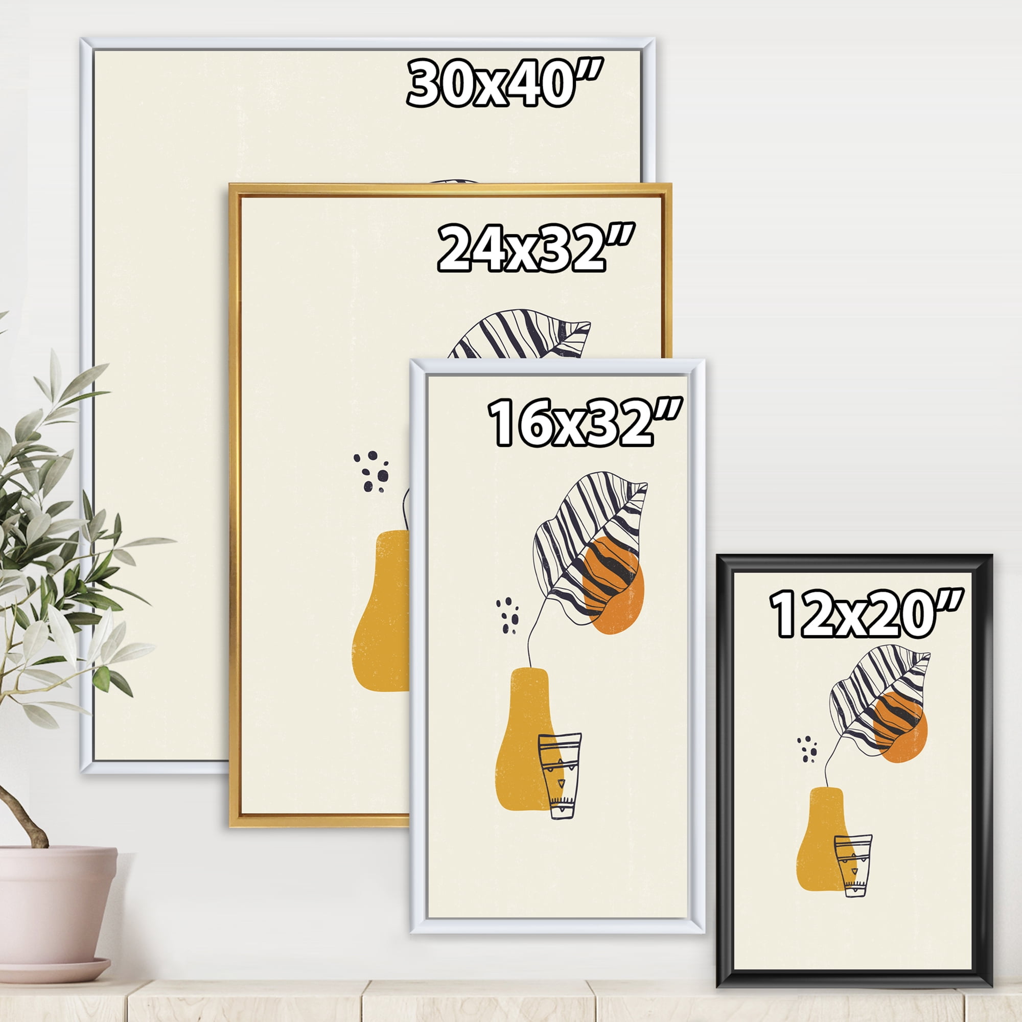 Designart 'Abstract Shapes Botanical Minimalist Leaf' Modern Framed Canvas Wall Art Print