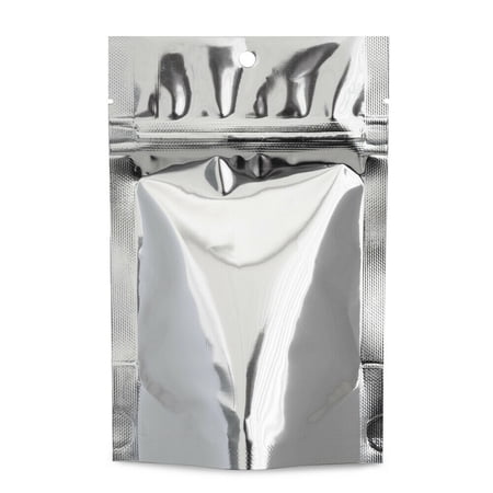100 pcs 4"x6" Mylar Silver Aluminum Foil Resealable Stand Up Bags Heat Seal Zipper Lock Reusable Storage Pouches for Zip Food Storage Lock Packaging with Tear Notches