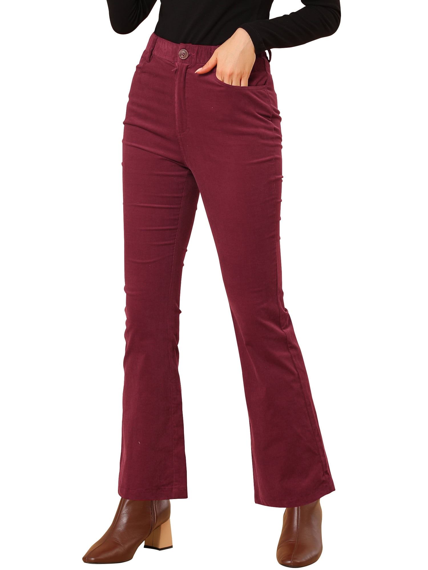 Unique Bargains Women's Corduroy Flare Pants Elastic High Waist Bell Bottom Trousers XS Burgundy