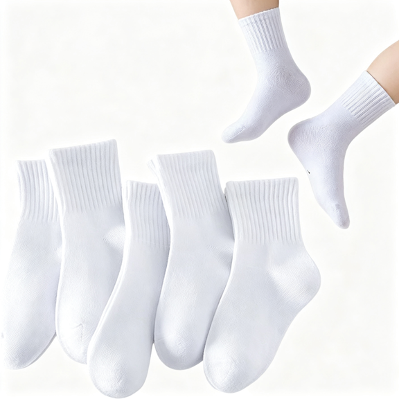 TELOLY 5 Pairs Kids Athletic Crew Socks, Cotton Sports Socks for Boys Girls 5-8 Years, Breathable Thin Casual School Socks, Breathable Thin White Socks Girls