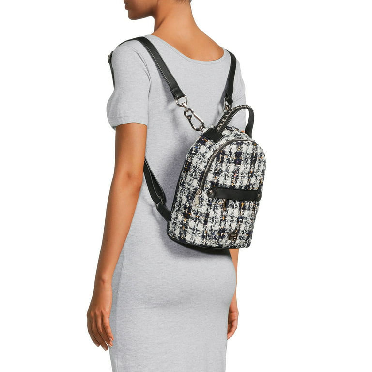 Madden NYC Women's Mini Quilted Zip Backpack Boucle Plaid 