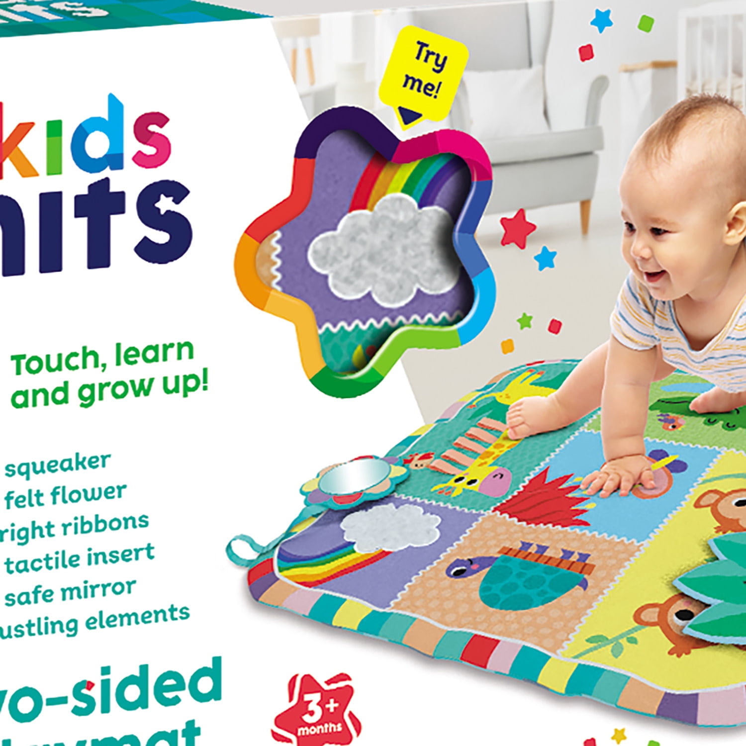 Kids Hits: Two-Sided Play Mat - My First Animals - 2-In-1 Reversible Sensory Floor Pad, Mirror-Ribbons-Squeaker, Tactile Touch Toy, Baby-Toddler 3Mo+