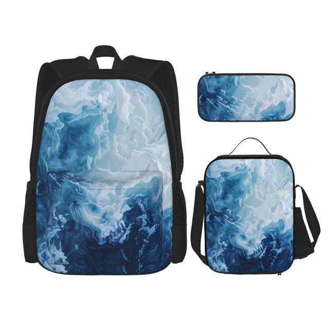 Balery Abstract Ocean Waves Mochila escolar 3 en 1 para niños: mochila resistente con lonchera térmica y estuche para lápices. Mochila escolar para niños y niñas.