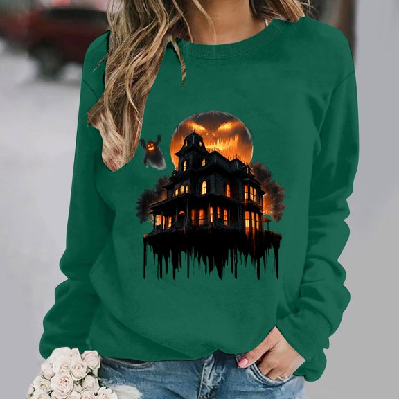 Halloween Printed Sweatshirts for Women Plus Size Round Neck Long Sleeve Basic