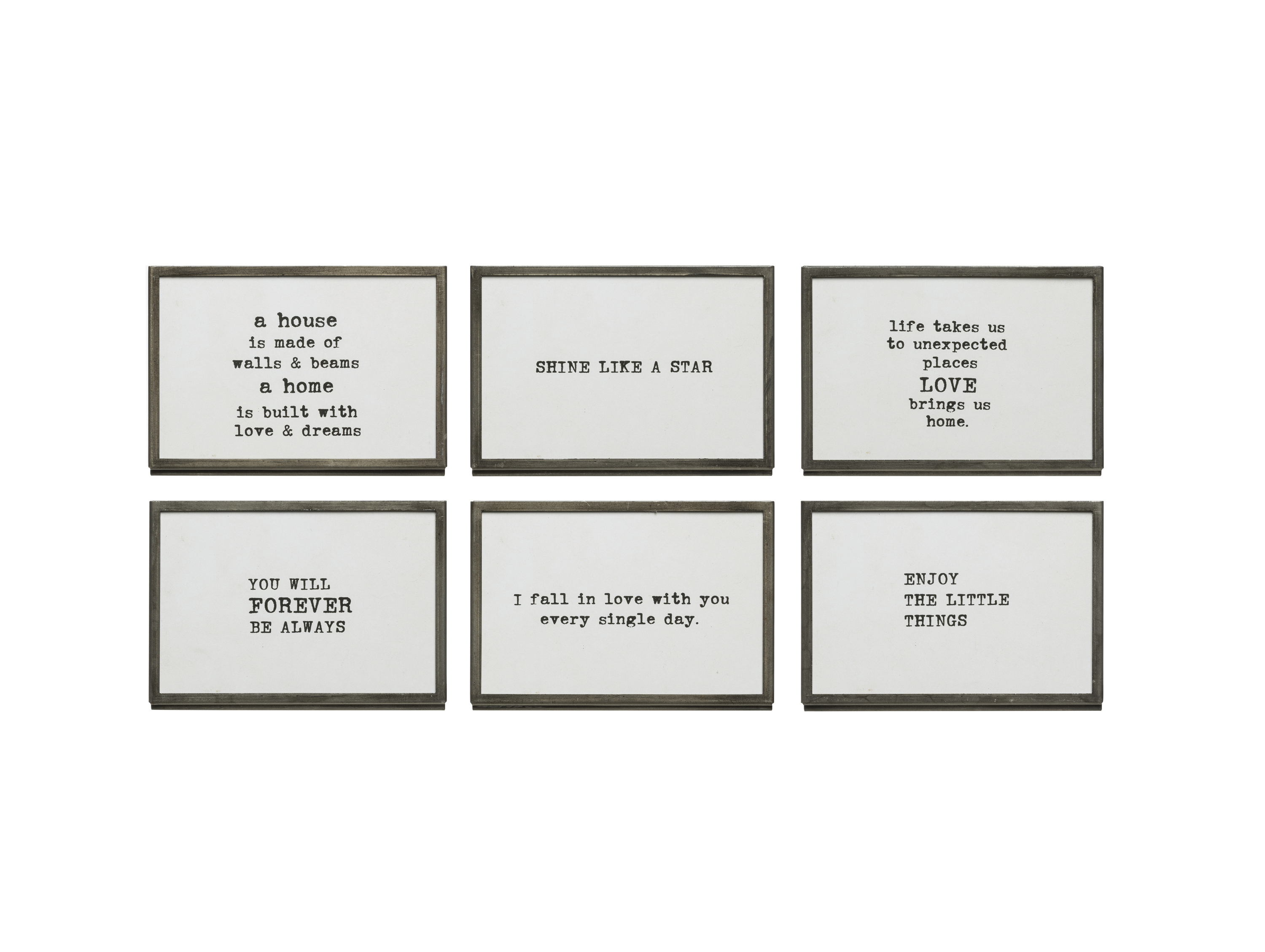 Creative CoOp Grey Metal & Glass Table Frames with Sayings (Set of 6