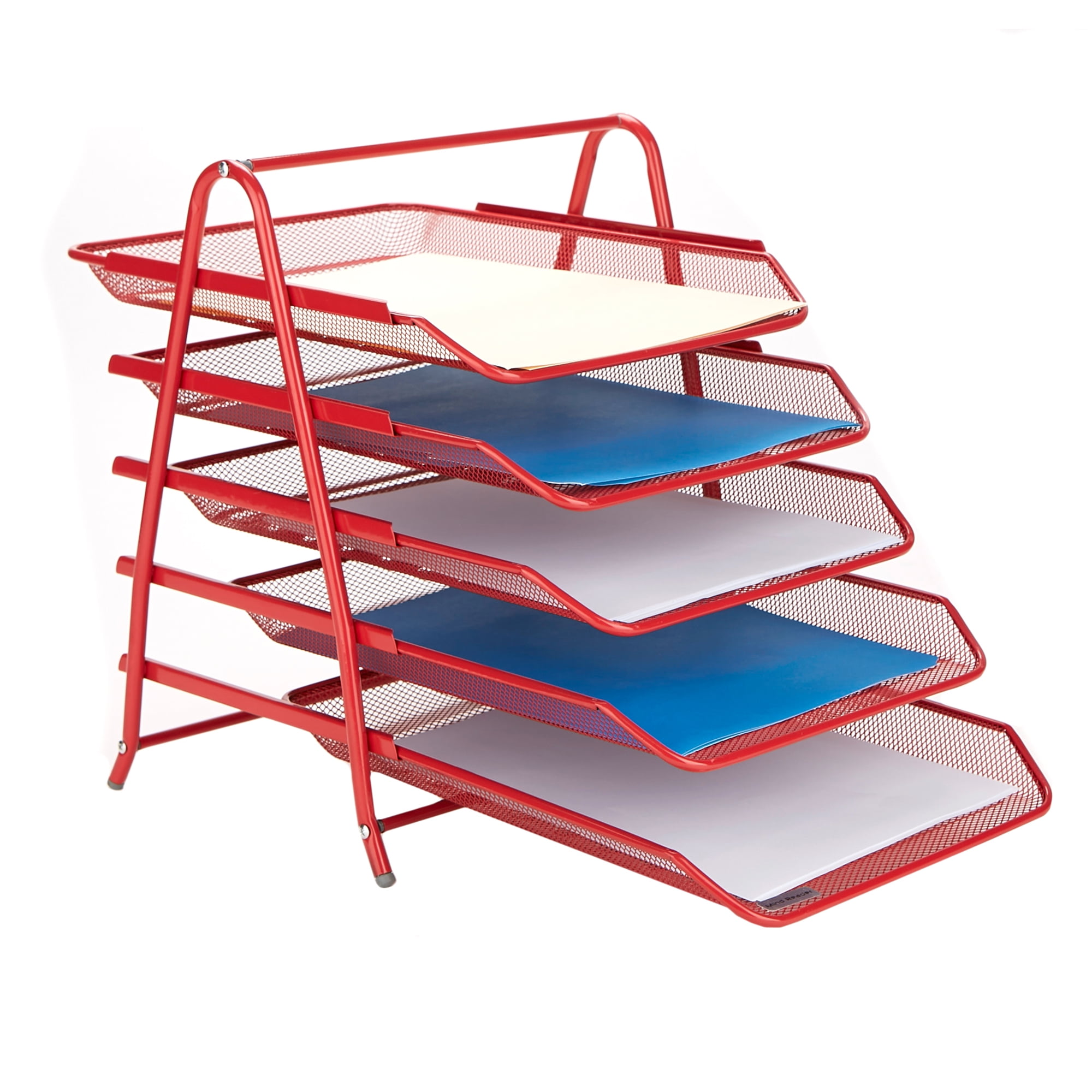 Mind Reader Mesh 5Tier Desk Letter Organizer with 5 Sliding Trays, Red