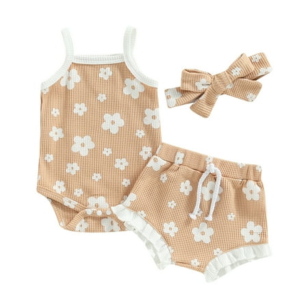 

0-18M Infant Baby Girl Flower Clothes Summer Straps Knit Romper Tank Top Ruffle Shorts Set Headband 3 Pcs Outfits Set