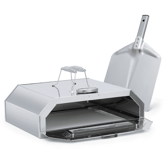 MoNiBloom 15" Pizza Oven Grill Top, Pizza Oven for Charcoal Grill, with 11" Cement Baking Stone, Pizza Peel and Thermometer, Silver