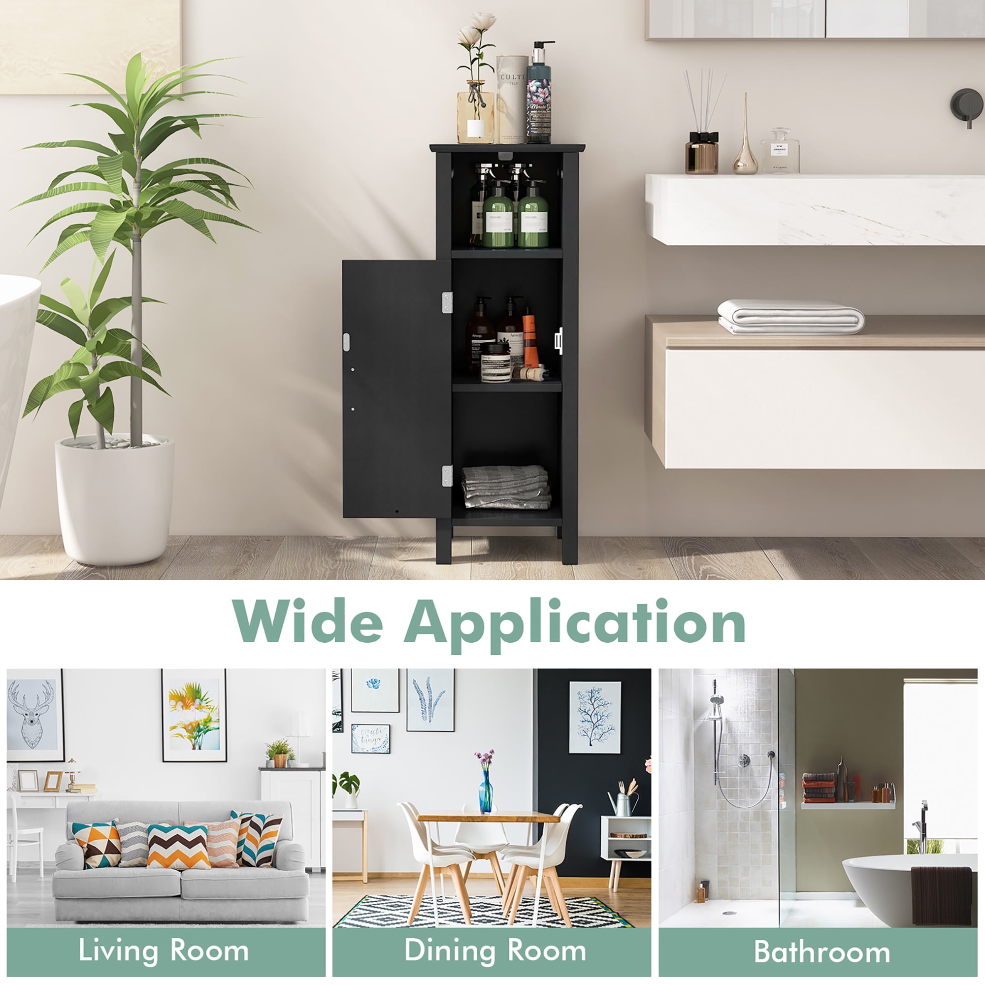 Gymax Bathroom Storage Organizer Narrow Floor Cabinet w/ 2-Tier Cabinet Open Compartment Black