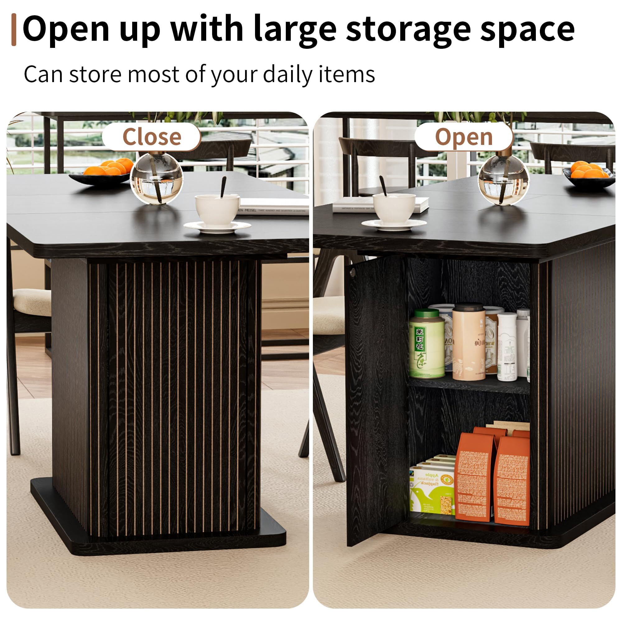 Extendable Black Dining Table 47-65", Seats 4-6, Fluted Wood Kitchen Table with Storage, Mid Century Modern, Black