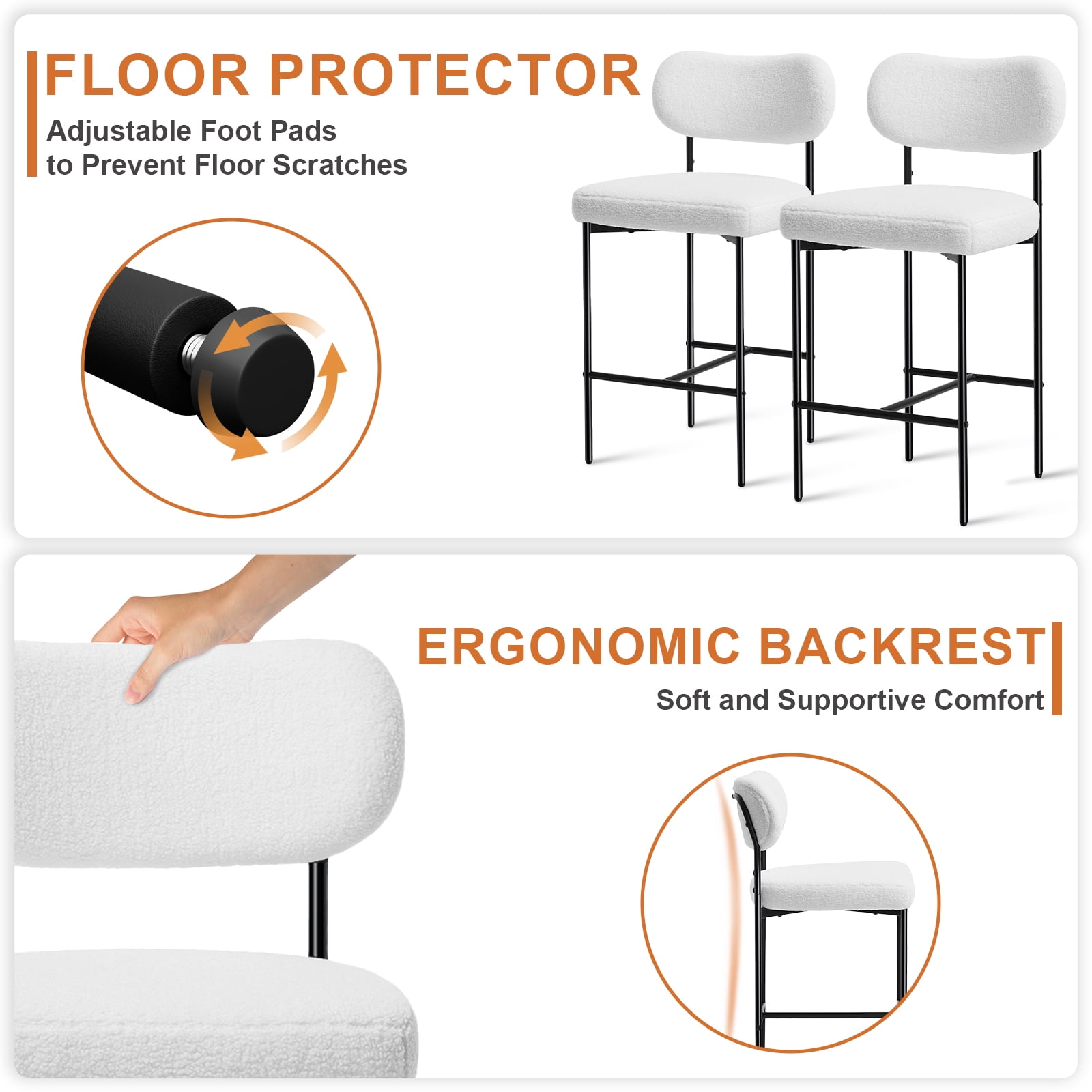 Hommpa Bar Stools Set of 2 with Back & Footrest 26" Counter Height Barstools Boucle Bar Chairs Modern Pub Chairs White Plush for Kitchen Island Bistro Coffee Shop Mid Back