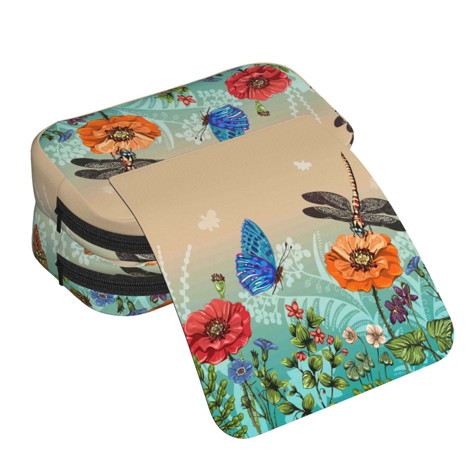 Rateoe Colorful Plants And Insects Pattern Double Clamshell Pen Case, Storage Organizer with Two Zipper Compartments– Holds Up to 50 Pencils & Pens