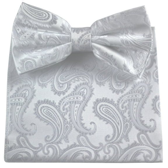 Bow-Tie and Pocket Hankie set in White Paisley