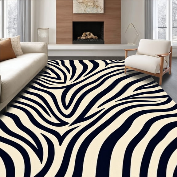 ODIKA 4'x6' Machine Washable Non-Slip Area Rug, Wild Safari Zebra Stripes Luxury Shag High Traffic Rug, Black, 660176