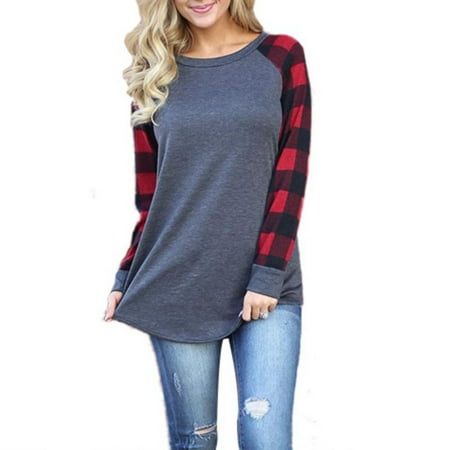 - EFINNY Spring Women Plaid Print Stitching Casual Tops