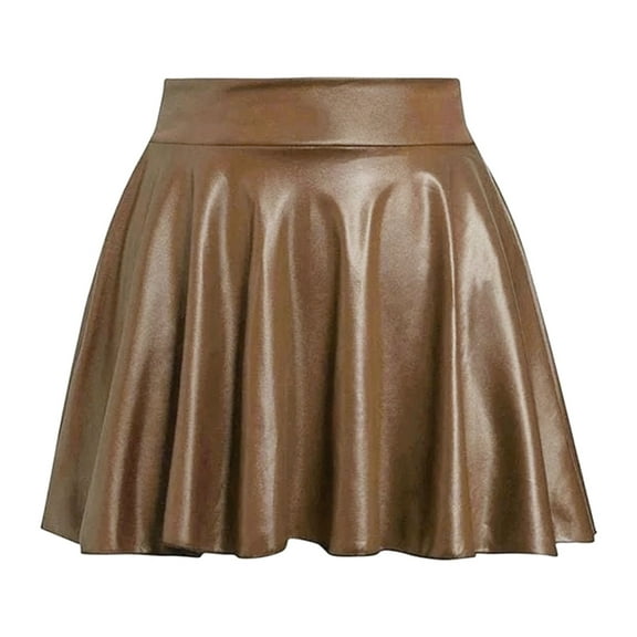 Riforla Women's Fashion High Waist Pleated Solid Color Short Skirt Loose Skirt Metallic Skater Skirt Sparkly Shiny Flared Pleated A Line Mini Skort Skirts for Women Coffee L