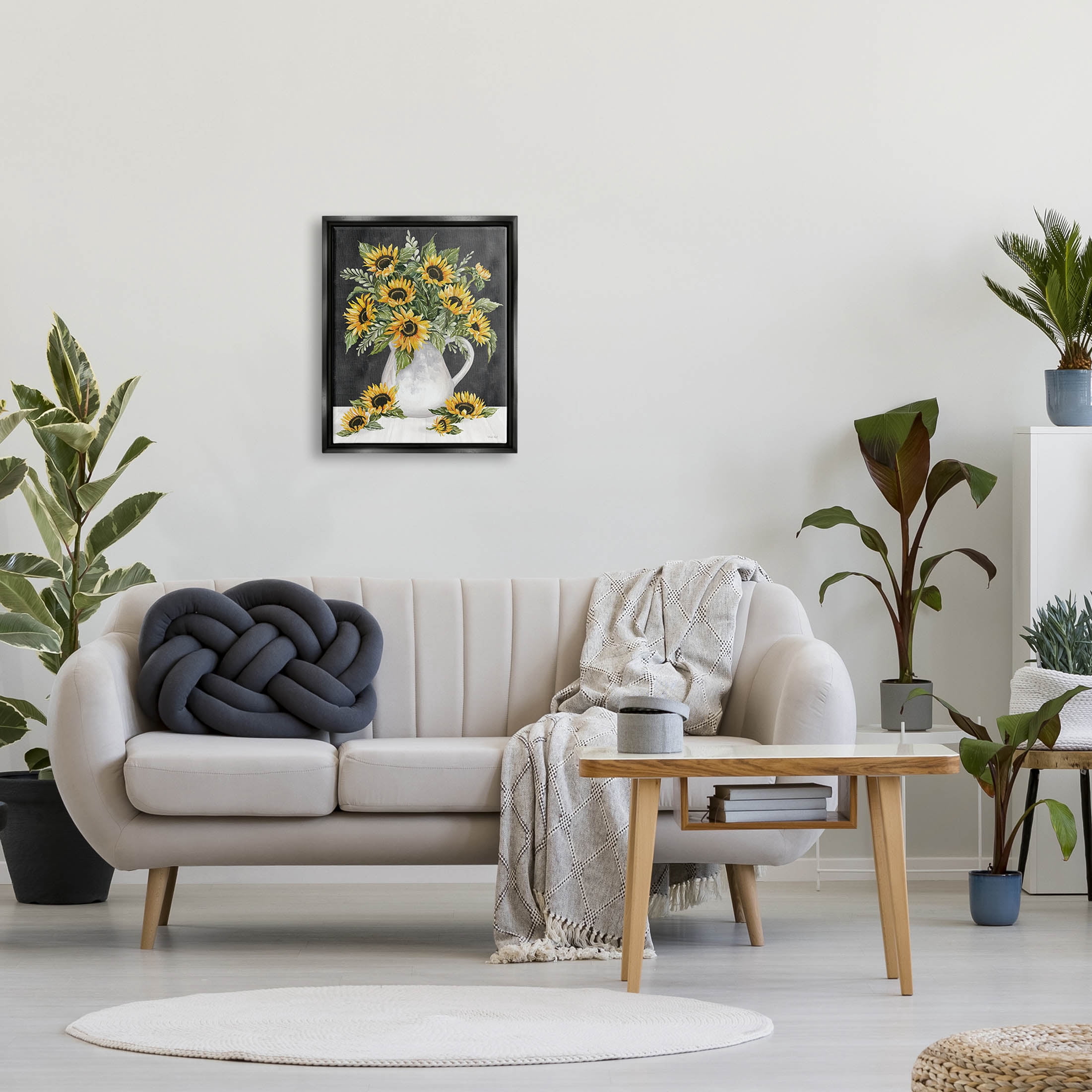 Stupell Industries Country Sunflowers Vase Blossom Petals Graphic Art Jet Black Floating Framed Canvas Print Wall Art, Design by Cindy Jacobs