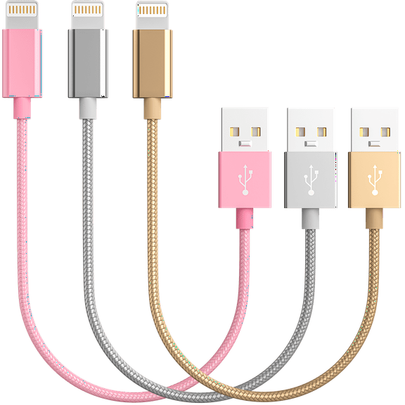 Chargers, Short Nylon Braided Fast Charging Cord, Data Sync Short Cable USB Powered Compatible with Apple iPhone, iPod Mobile Digital Device, Charging Station, Pink, Grey, Gold 10-inch, Pack of 3