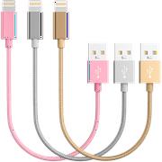 CUWIRE Chargers, Short Nylon Braided Fast Charging Cord, Data Sync Short Cable USB Powered Compatible with Apple iPhone, iPod Mobile Digital Device, Charging Station, Pink, Grey, Gold 10-inch, Pack of 3