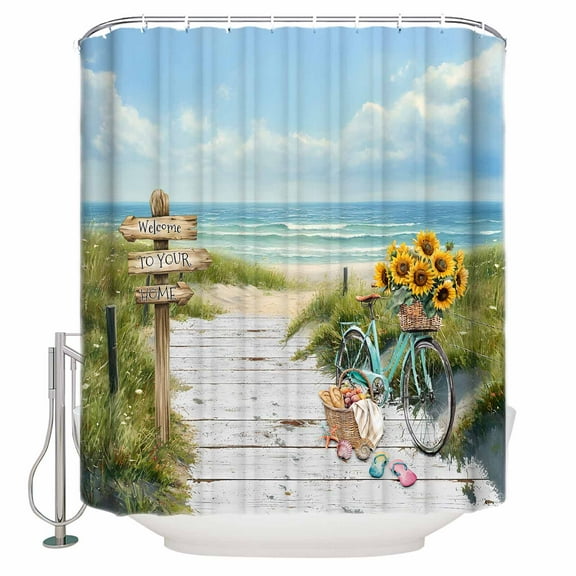 Small Stall Shower Curtain 48x72 Inch Narrow Half Size Beach Ocean Bath Curtains Bathroom Decor Blue Sea Sunflower Modern Country Green Waterproof Fabric Shower Curtain Set with Hooks 48 Inch