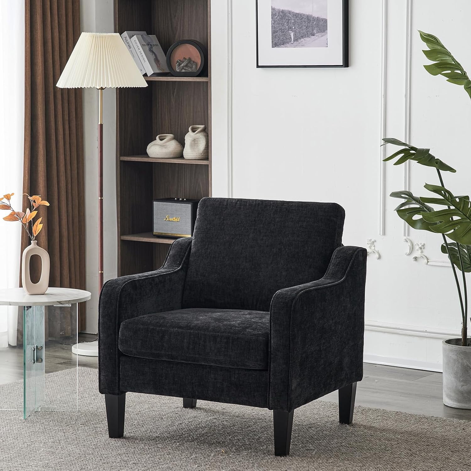Matladin Chenille Fabric Accent Chair with Scooped Arms, Mid Century Modern Upholstered Armchair, Single Sofa for Living Room, Apartment, Office