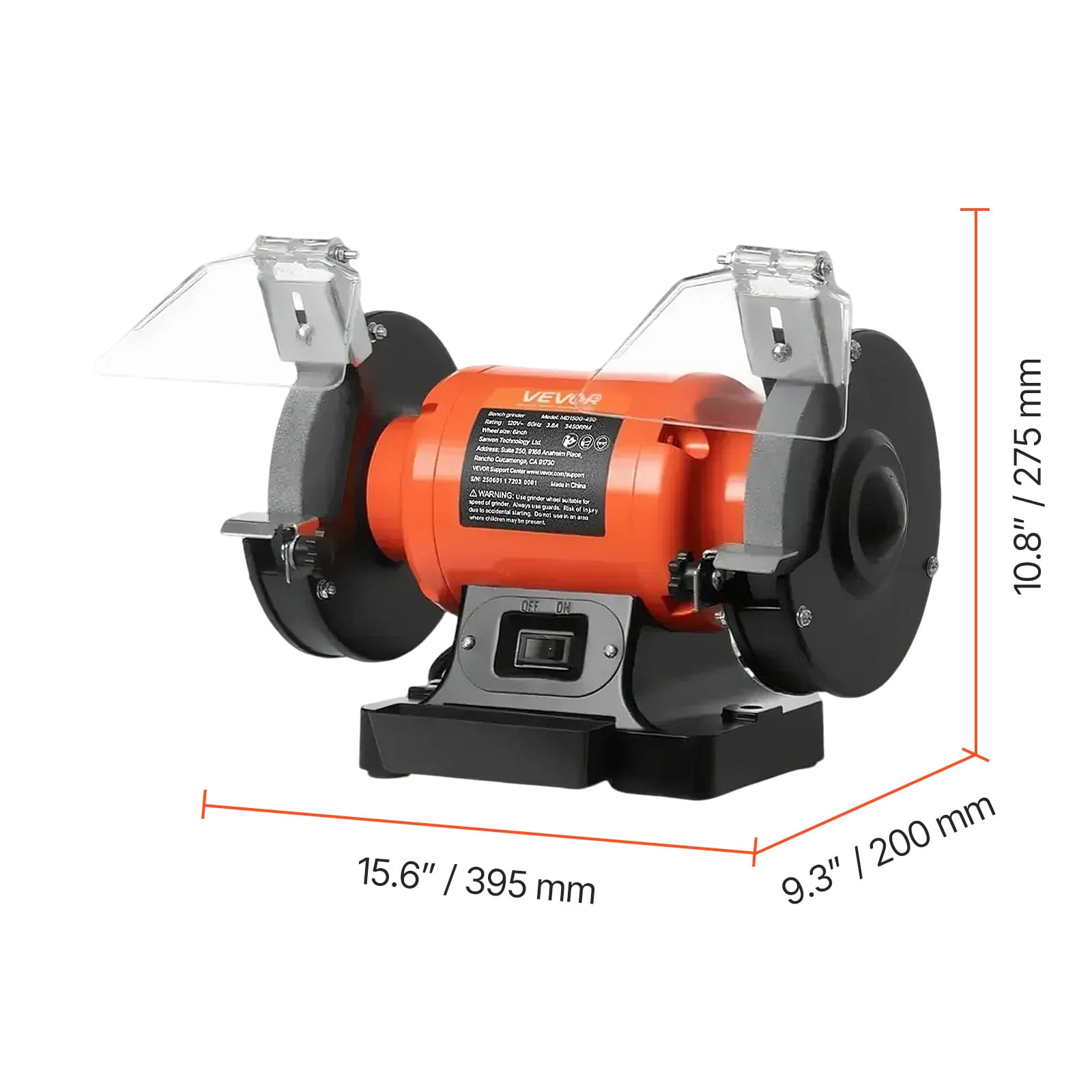 VEVOR Bench Grinder,6-inch Single Speed Bench Grinder,3450RPM High-Speed Table Grinders with 450W 3.8A Induction Motor, 36/60-Grit Grinding Wheel & Adjustable Eye Shield for Fast Sharpening Grinding