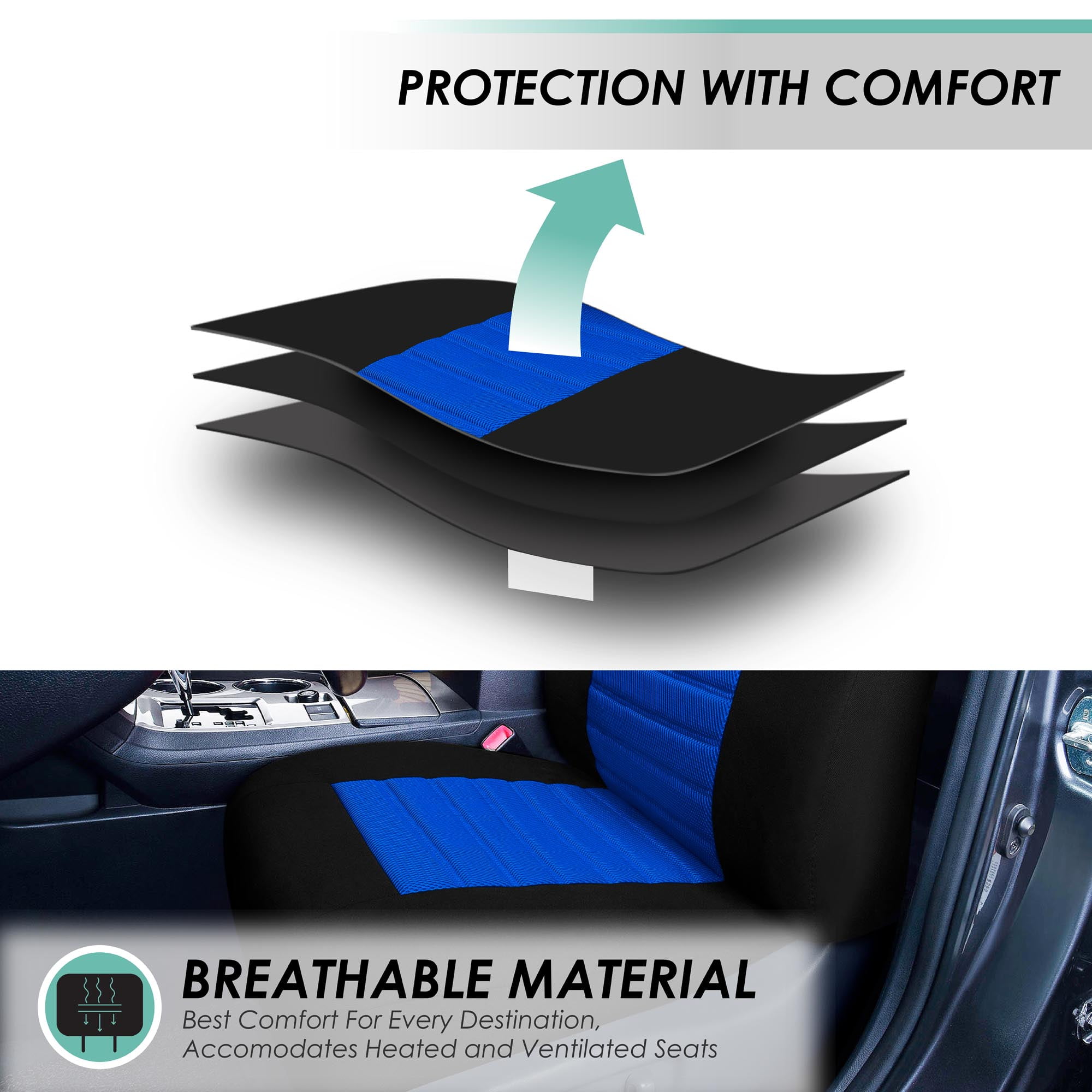 FH Group 3 Row Universal Fit Car Seat Covers Premium 3D Air Mesh with Removable Headrest,  Airbag Compatible for SUV, Sedan, Van Blue - 7 Seater