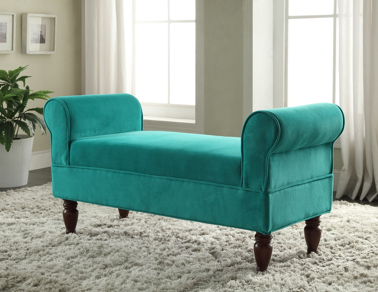 Linon Lillian Rolled Arm Upholstered Bench, Aquamarine