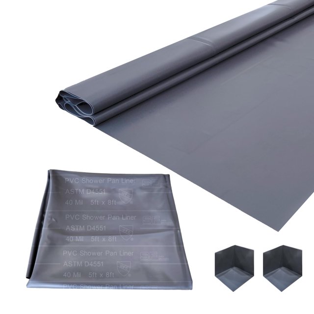 SINGFORM Revestimiento para plato de ducha de 40 mil de espesor, 5' x 8' con 2 presas de esquina | Membrana impermeabilizante de PVC para ducha y lámina base para baño y cocina, gris ultraduradero