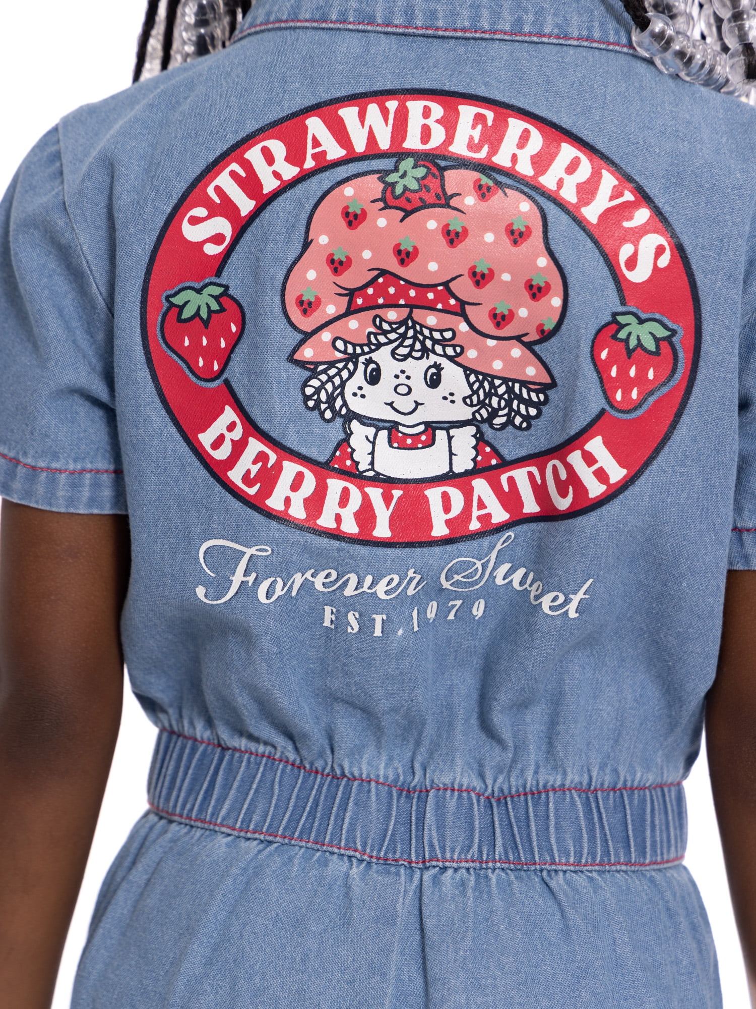 Strawberry Shortcake Toddler Girl Denim Romper with Short Sleeves, Sizes 12M-5T