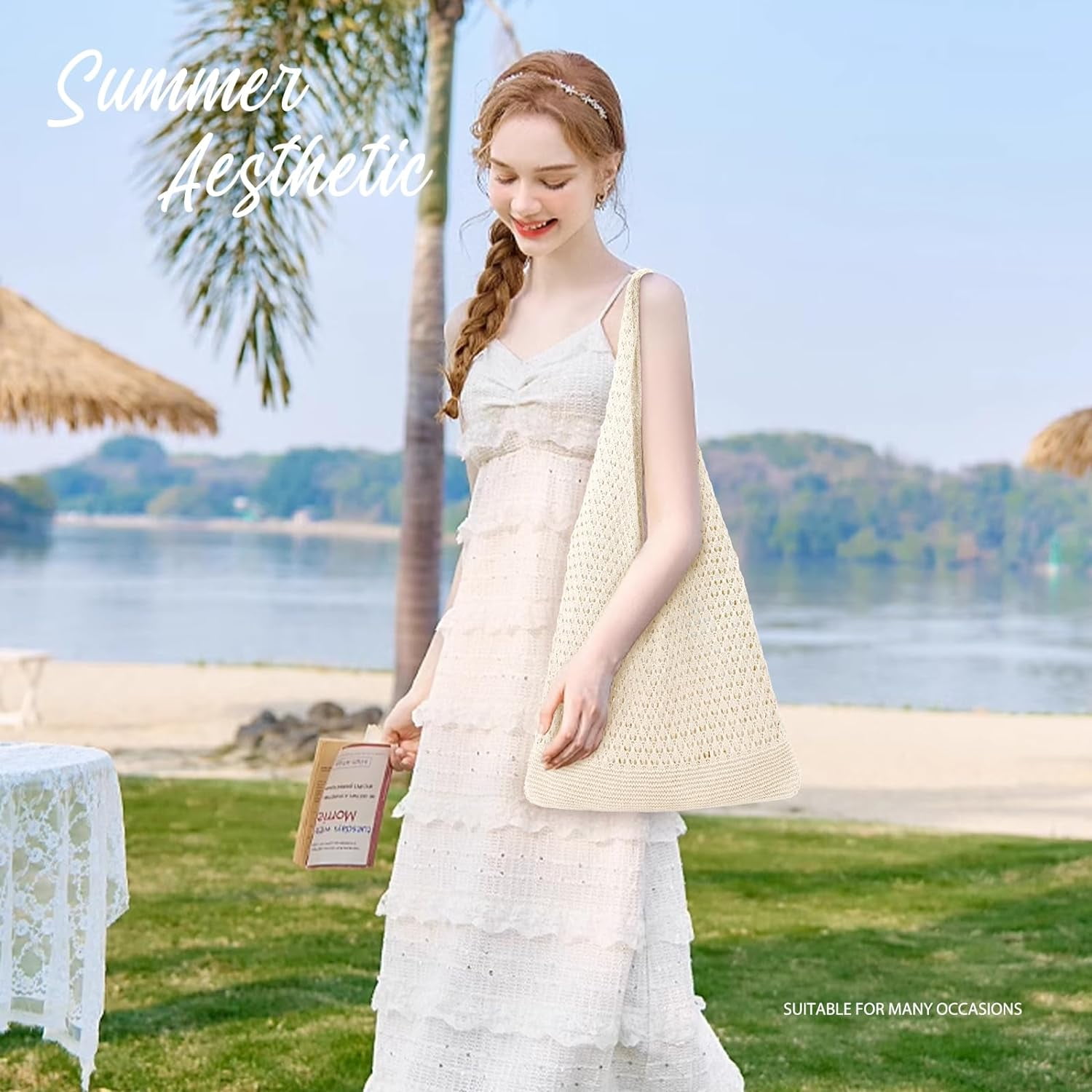 Gocvo Crochet Bag for Women, Crochet Tote Summer Bag Mesh Large Shoulder Bag (Beige 14 x 10 x 26.5in)
