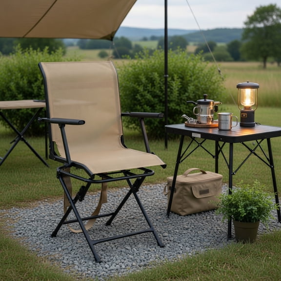 Topcobe Foldable Swivel Patio Chair with Armrest and Mesh Back, Portable Chairs for Adults, Comfy Outdoor Chair, Coffee
