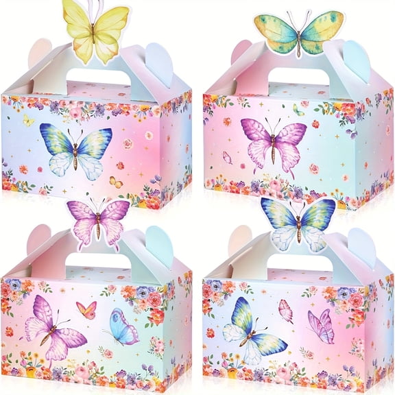 32 Pcs Butterfly Party Favor Boxes, Gift Boxes with Handle, Pink Purple Candy Boxes for Birthday Wedding Baby Shower Tea Party, Floral Treat Boxes for Spring Party Decorations