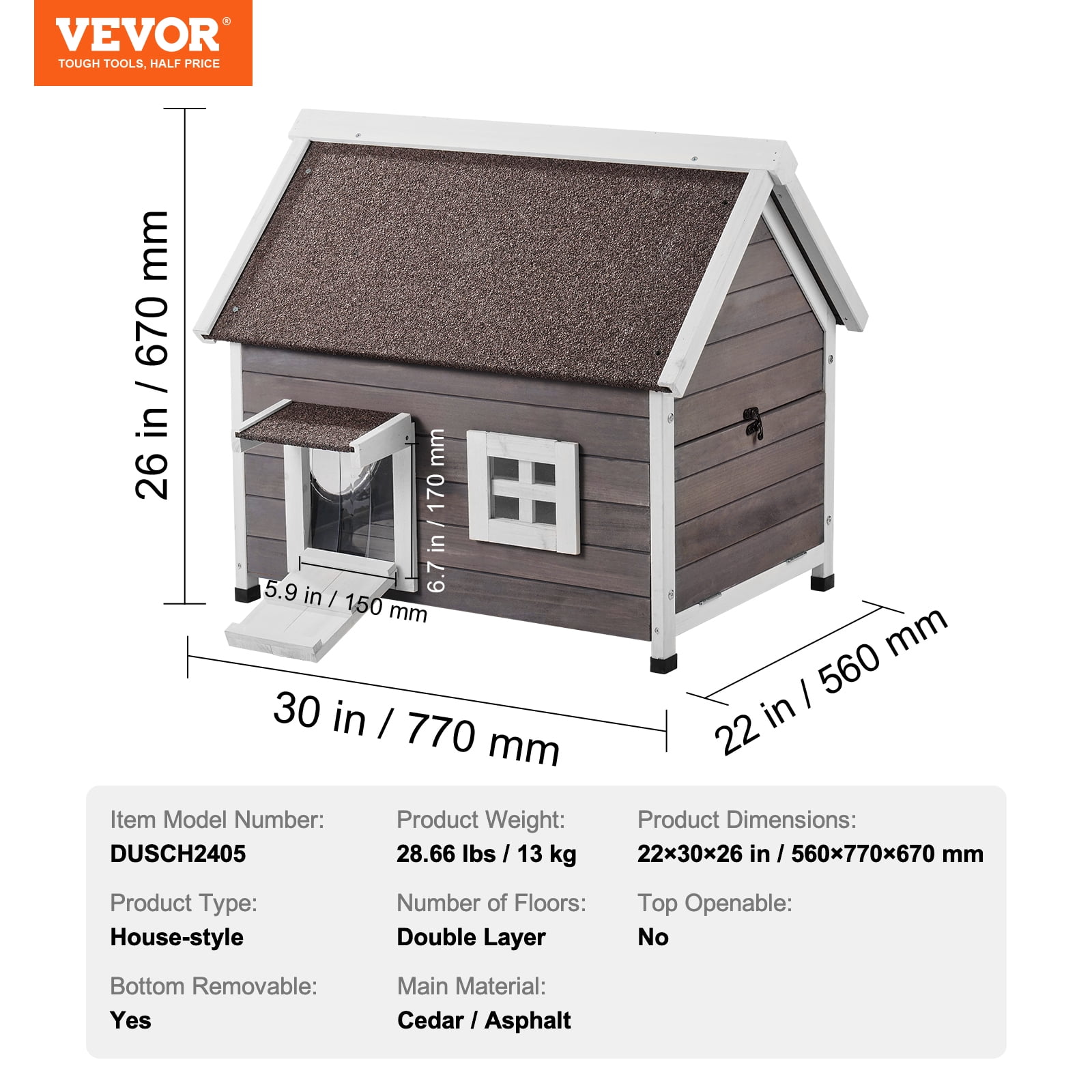 VEVOR Outdoor Cat House Weatherproof, Feral Cat Shelter for Multiple Cats, Outdoor Wooden Cat House with Large Side Door, PVC Door Flaps, Open Roof, Clear Window, 22"L x 30"W x 26"H