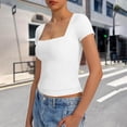 thumbnail image 6 of Htigea Women's Square Neck Crop Tops Short Sleeve Slim Fitted Summer Basic T Shirts for Going Out White M, 6 of 6