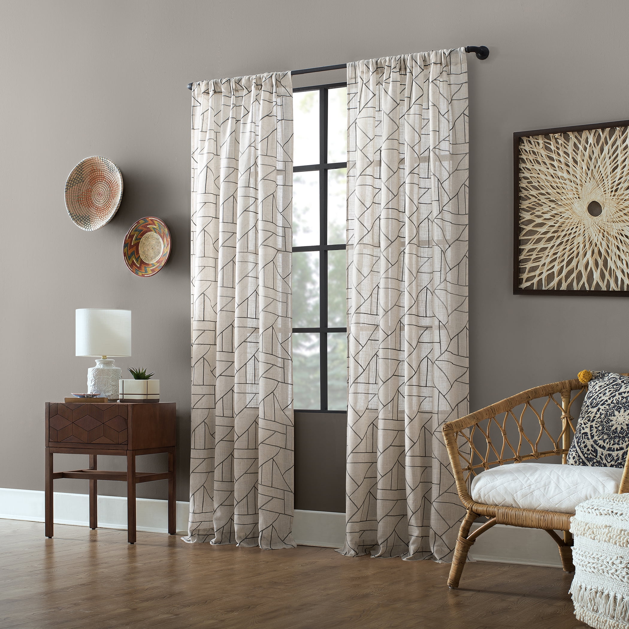 Archaeo Jigsaw Embroidery Linen Blend Curtain, 50"x95", Gray/Linen