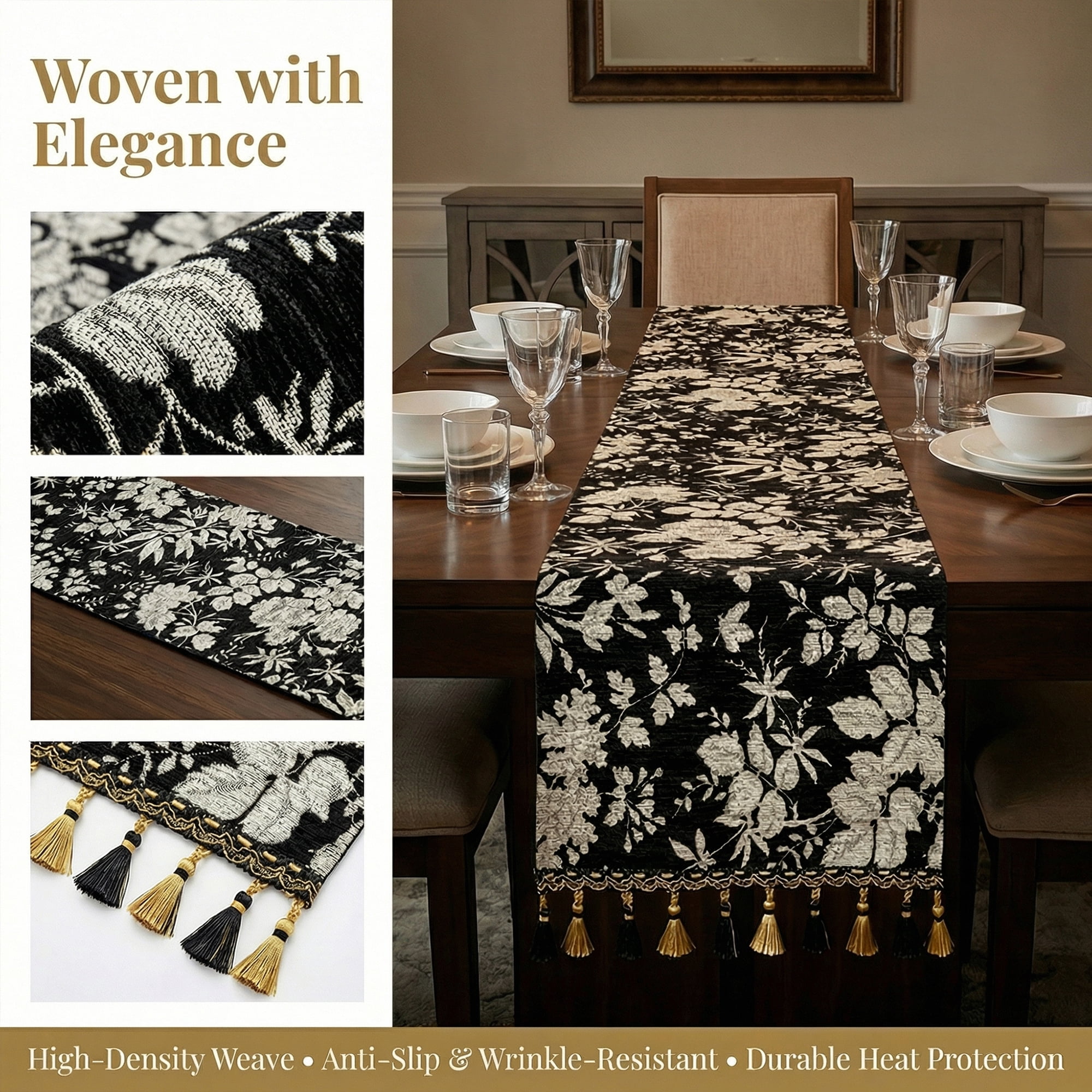 Unique Bargains Floral Table Decoration Kitchen Runner with Tassel Black 13.8x63in