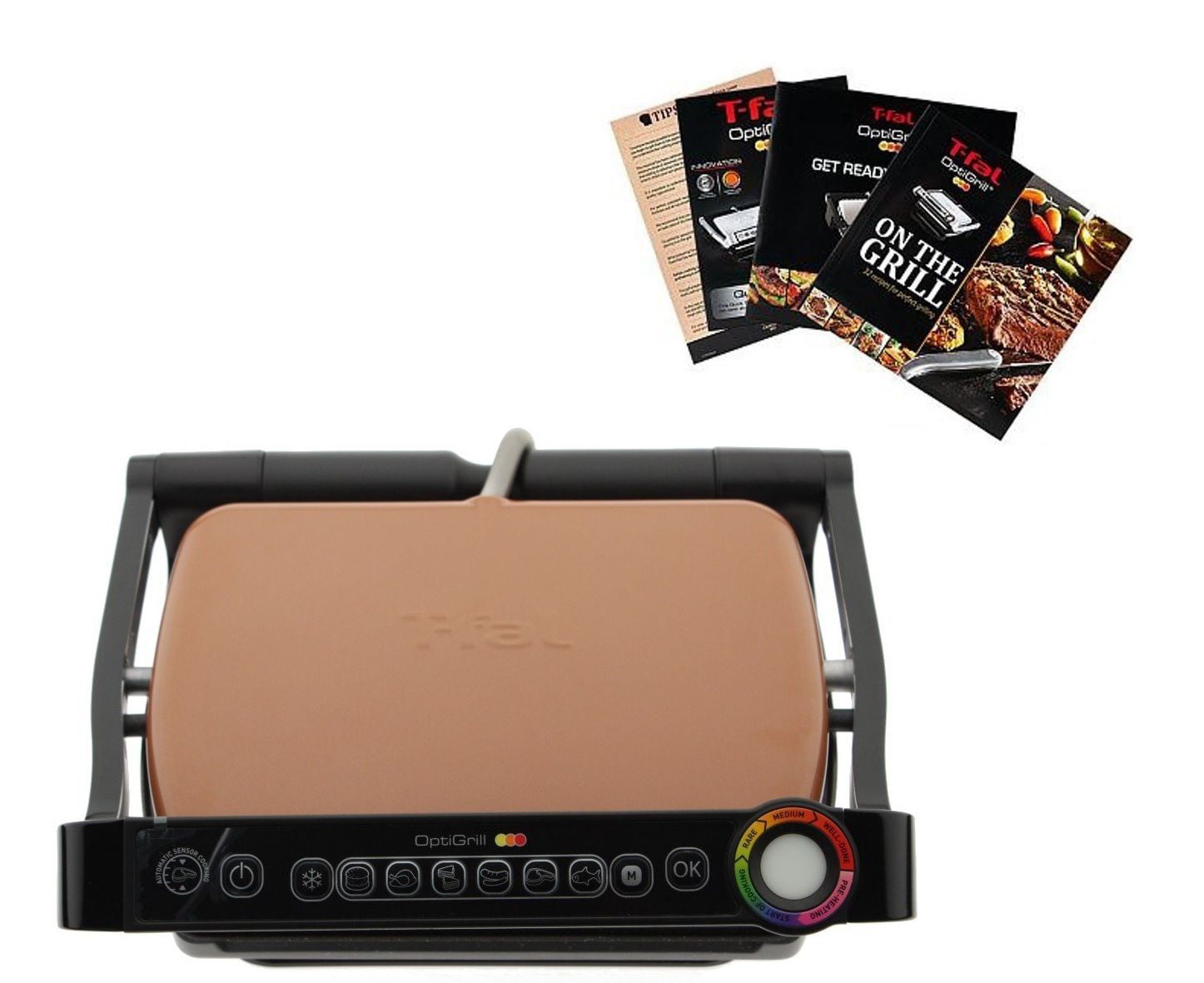 T-FAL GC704 Optigrill with Book Indoor Electric Grill Removable Plates Brown NEW 