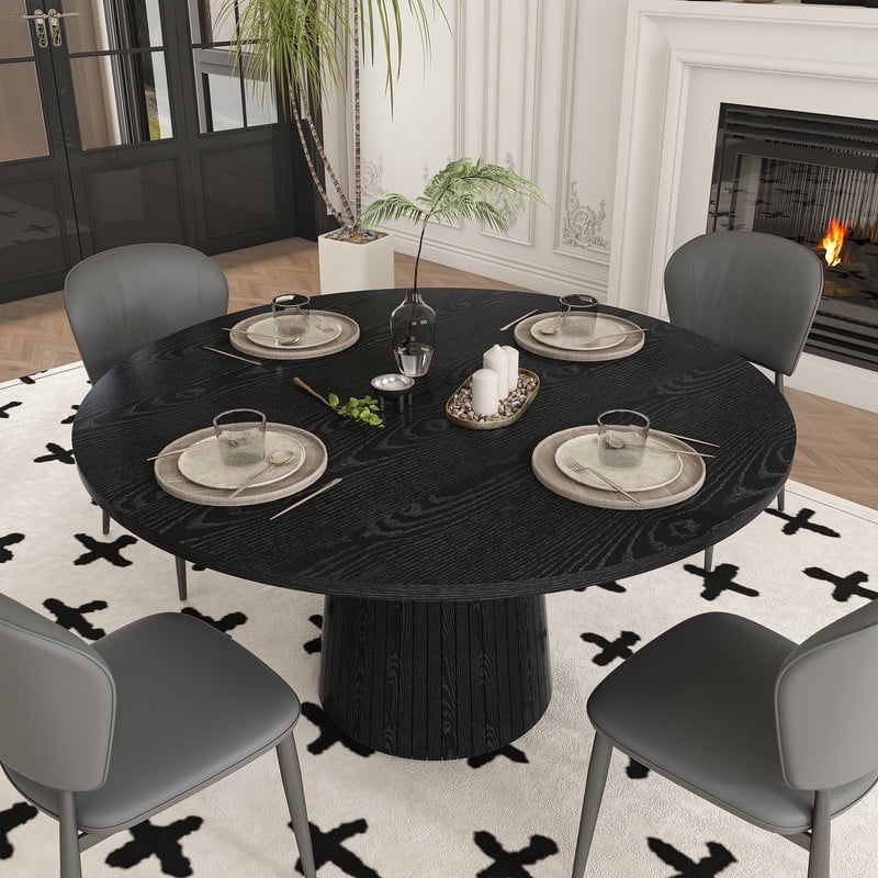 47.2'' Round Large Dining Table for 4, Accent Kitchen Dinner Table with Striped Base, Wood Side Table with Metal Frame