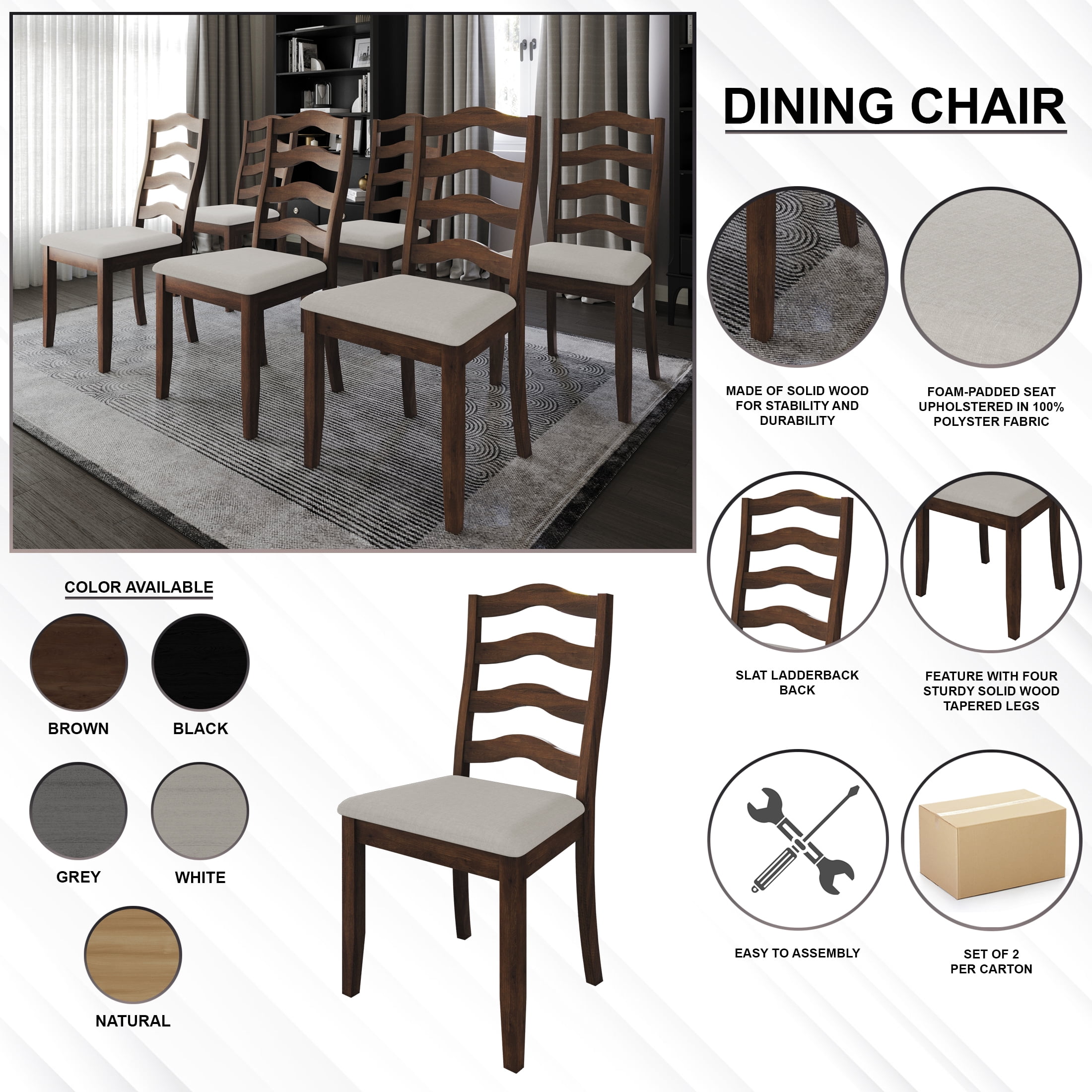 Castle Place Simple Timeless Wooden Dining Chair, Set of 2, Grey