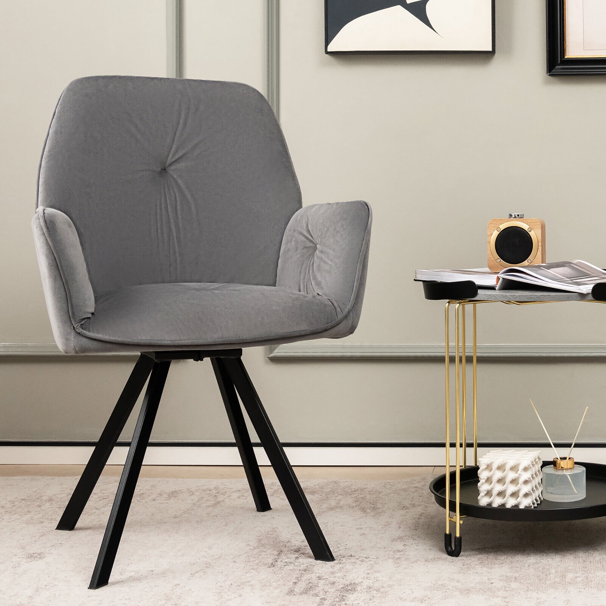 Gymax Set of 2 Velvet Accent Chairs Swivel Dining Armchairs w/ Back & Metal Legs Gray