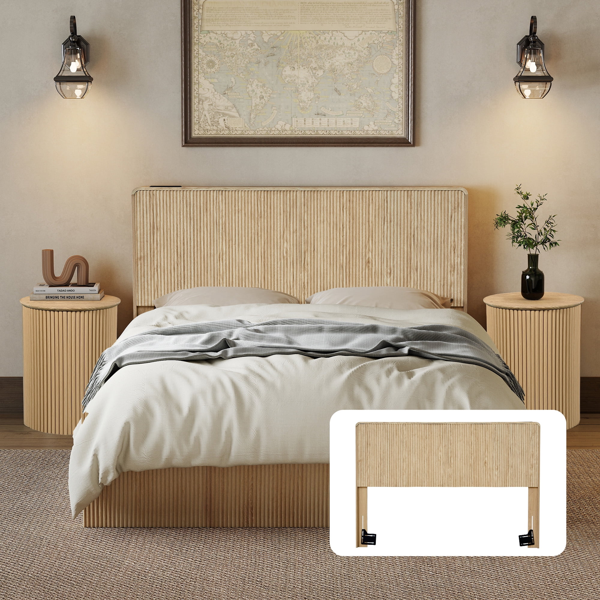 YOCWO Headboard for Queen Size Bed with Charging Station, Fluted Grooved Panel Head Board with Rounded Corners, Oak, Headboard Only(Bed Frame Not Included)