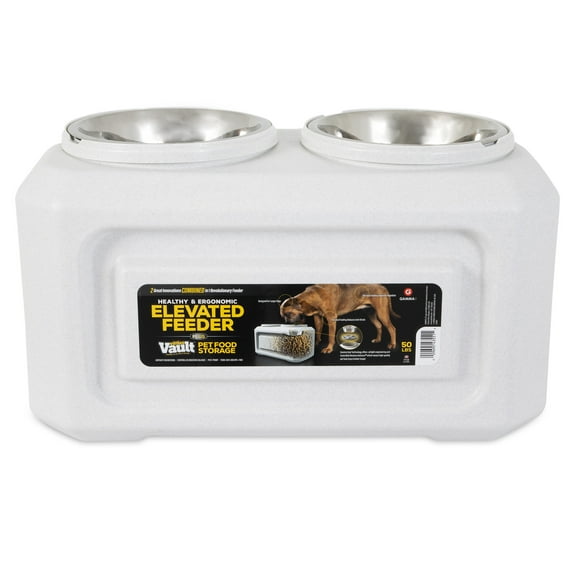 Gamma2 Vittles Vault 2-in-1 Elevated Stainless Steel Dog Bowls with 50 lb Dry Food Storage, White