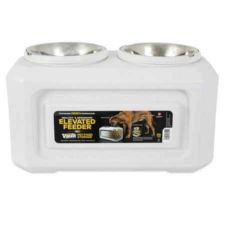 Gamma2 Vittles Vault 2-in-1 Elevated Stainless Steel Dog Bowls with 50 lb Dry Food Storage, White