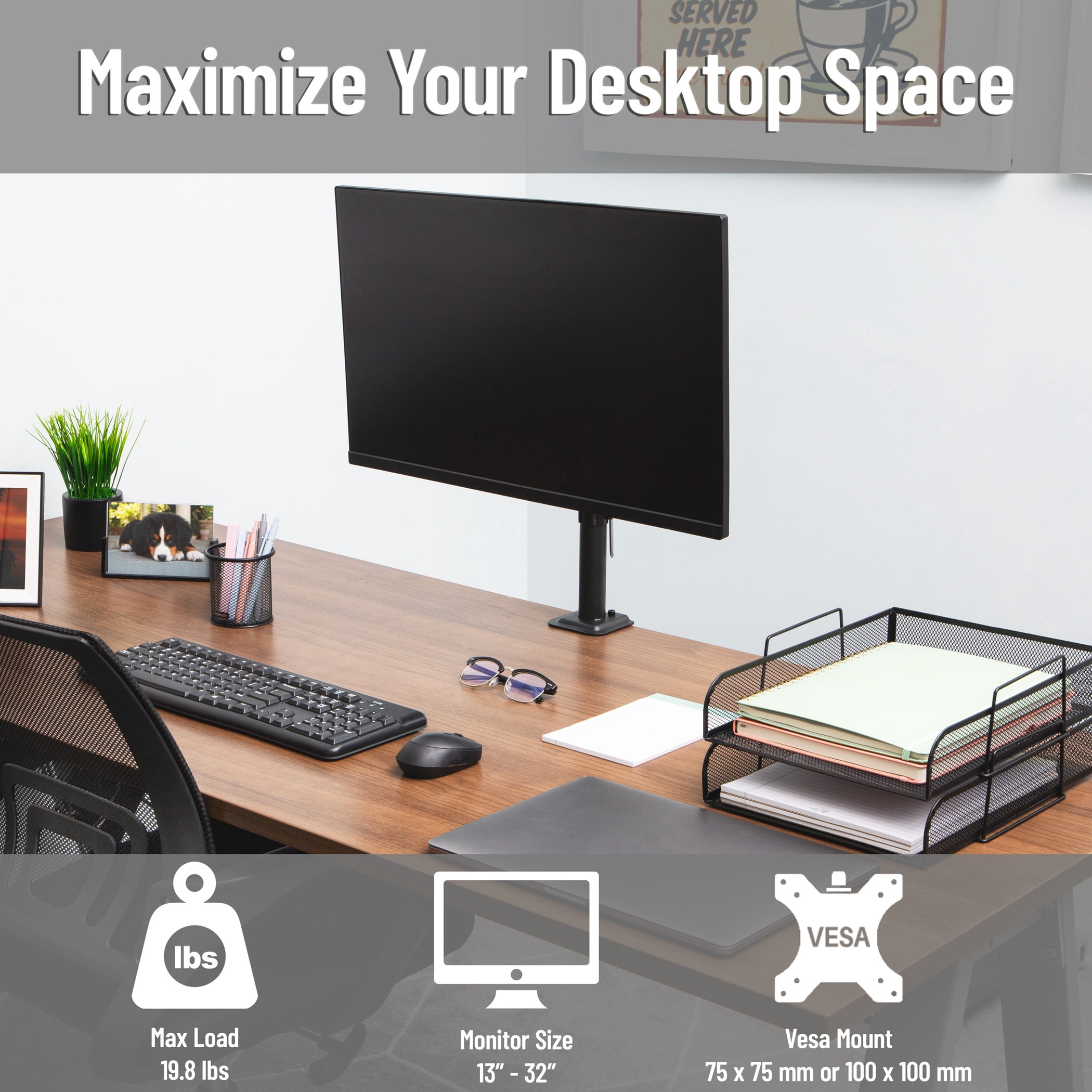 Mind Reader Single Monitor Desk Mount for 13"-32" Screens, VESA 75x75/100x100, 180° Rotation, ±90° Swivel, ±45° Tilt, 17.6 lb Load Capacity, Black